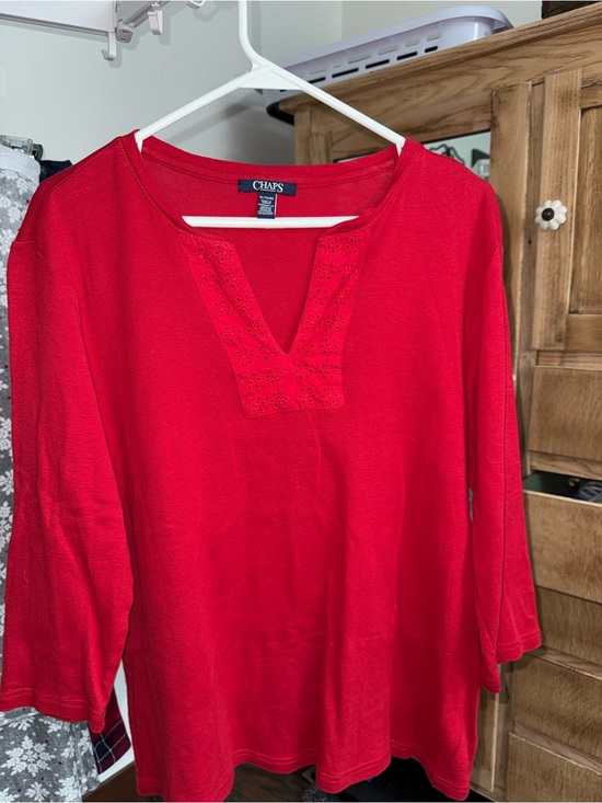 Chaps Tops - Chaps Red Eyelet V-Notch Long Sleeve Top